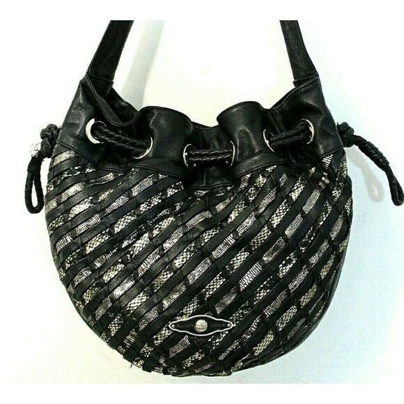 Elliott Lucca BLACK GOLD WOVEN GENUINE LEATHER DRAWSTRING SHOULDER BAG PURSE - Picture 2 of 11